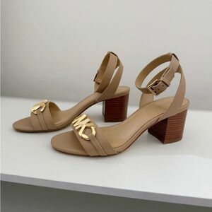 Michael Kors Beige Block Heel Sandals with Gold Accents